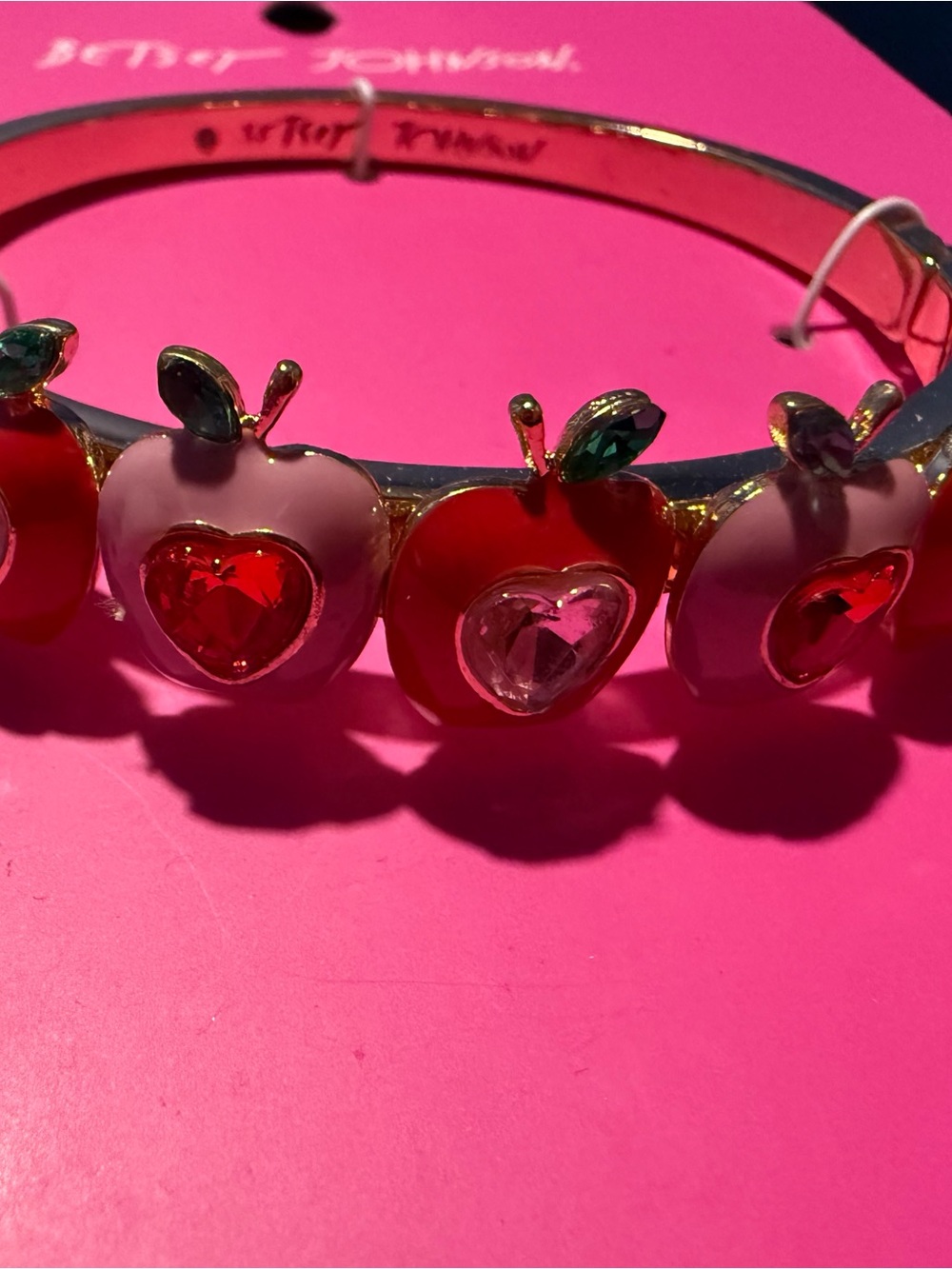Betsey Johnson Pink and Red Apple Charm Bangle Bracelet